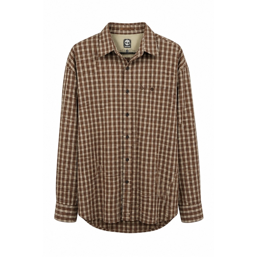 Timberland Mens Large Plaid Button Down Shirt Brown Tan Cotton Long Sleeve